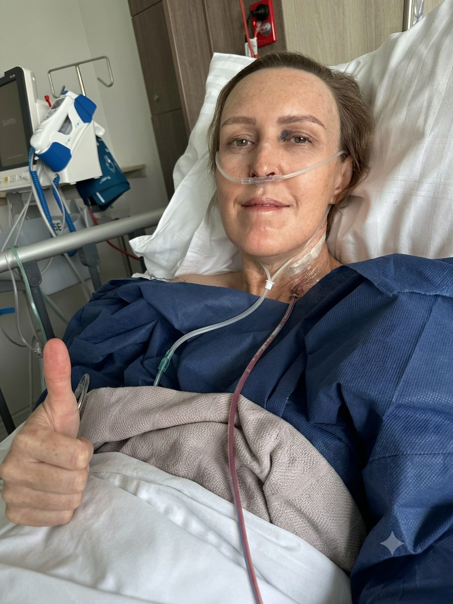 Liesel in hospital after surgery, giving a thumbs-up