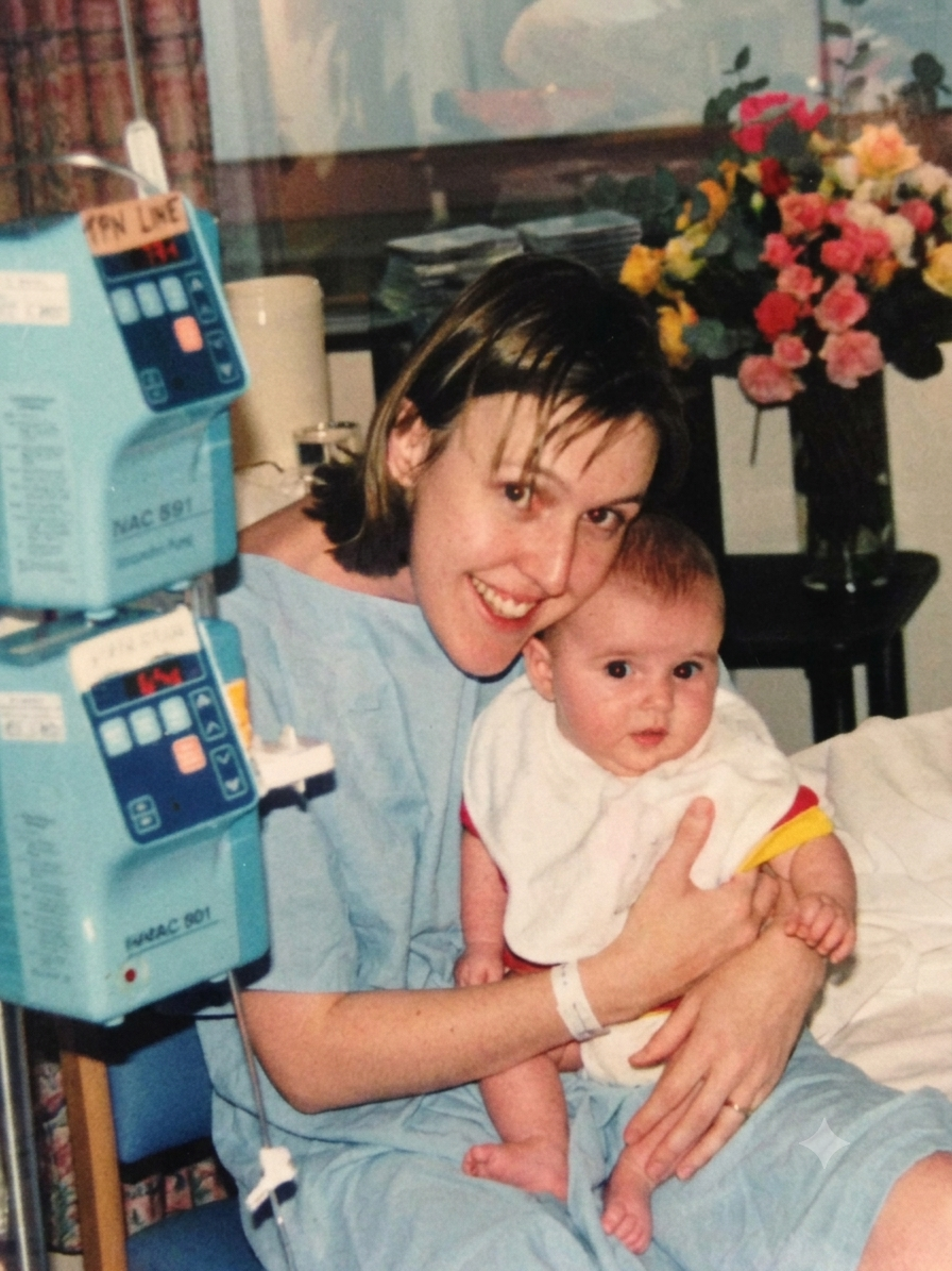 Liesel as a young mother in hospital, holding her baby beside IV pumps